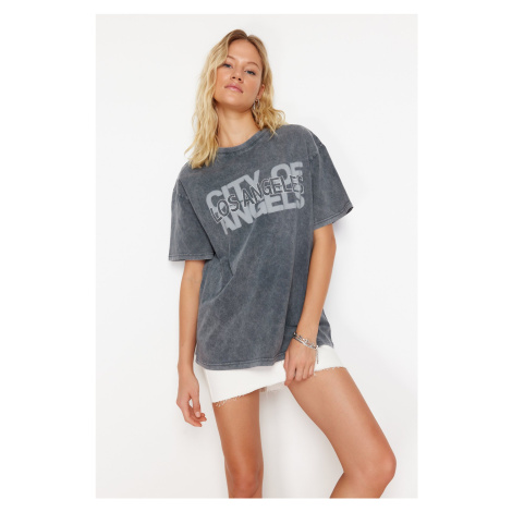 Trendyol Gray Oversize/Wide Fit Motto Printed Washed 100% Cotton Knitted T-Shirt