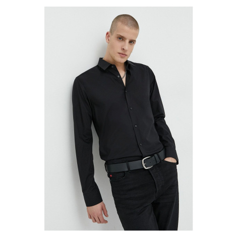 Košeľa HUGO pánska, čierna farba, slim, s klasickým golierom Hugo Boss
