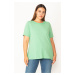 Şans Women's Plus Size Green Cotton Fabric Collar Lace Short Sleeve Blouse