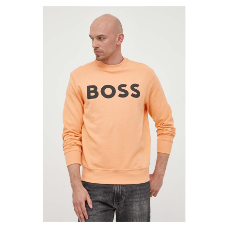 Bavlnená mikina BOSS BOSS ORANGE pánska, oranžová farba, s potlačou Hugo Boss