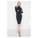 Trendyol Navy Blue Navy Blue Midi Knitwear Šaty s vysokým výstrihom