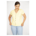 Şans Women's Yellow Plus Size V-Neck Front Decorative Buttoned Camisole Fabric Short Sleeve Blou