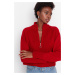 Trendyol Red Crop Zippered Stand Collar Basic Knitwear Sweater