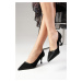 Mio Gusto Black Color Suede and Leather Combination Heeled Women's Shoes