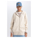 DEFACTO Oversize Wide Pattern Hooded Pocket Basic Plain Zippered Sweatshirt