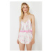 Trendyol Pink Lace Detailed Ribbon Patterned Crop Satin Woven Pajama Set