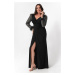 Lafaba Women's Black V-neck Plus Size Long Evening Dress with a slit with rhinestones on the sle