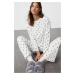 Trendyol Ecru 100% Cotton Polka Dot and Heart Patterned Knitted Pajama Set