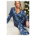 Trendyol Navy Blue-Multicolor Christmas Themed Satin Shirt-Pants Woven Pajamas Set