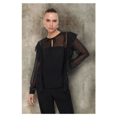 Trendyol Black Flounce Lace Detailed Woven Chiffon Blouse