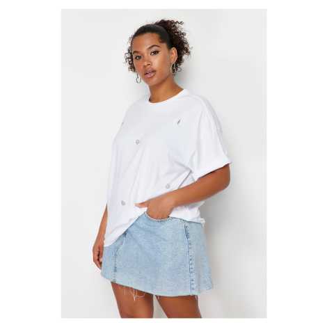 Trendyol Curve White Heart Accessory Detailed Oversize Knitted T-shirt