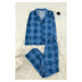 Trendyol Navy Blue 100% Cotton Plaid Knitted Pajama Set