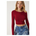 Happiness İstanbul Women Burgundy Crew Neck Basic Crop Knitted Blouse