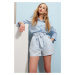 Trend Alaçatı Stili Women's Baby Blue Double Pockets Striped Linen Effect Shorts with Belted Wai