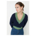 Trendyol Navy Blue Crop College Themed Knit Sweater