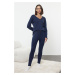 Trendyol Navy Blue Rose Accessory Ribbed Knitted Pajama Set