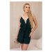 Women's short jumpsuit with decorative lace - dark green