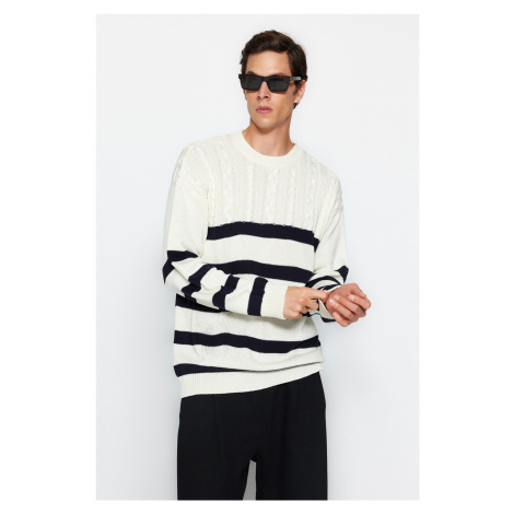 Trendyol Ecru Unisex Oversize Fit Wide Fit Hair Knit Striped Non-Pilling Knitwear Sweater