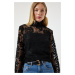 Happiness İstanbul Black High Neck Lace Elegant Blouse