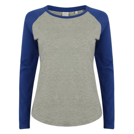 SF (Skinnifit) Dámske dvojfarebné tričko s dlhým rukávom - Šedý melír / kráľovská modrá