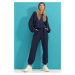 Trend Alaçatı Stili Women's Navy Blue Crew Neck Crop Sweatshirt And Elastic Waist Bottom Top Set