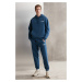 GRIMELANGE Martel Men's Regular Fit Fluffy Fleece Cord Hood Printed Blue Sweatshir