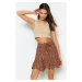 Trendyol Brown Floral Patterned Skirt With Frills, Normal Waist. Mini Crispy Knitted Skirt