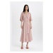 DEFACTO Shirt Collar Striped Belted Linen Short Sleeve Midi Dress