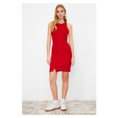 Trendyol Red Slit Detailed Fitted Halter Neck Mini Stretchy Knitted Pencil Dress