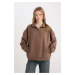 DEFACTO Black Oversize Wide Pattern Zippered Stand Collar Pocket Basic Plain Thick Sweatshirt