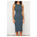 Trendyol Light Anthracite Corded Body-Fitted Crew Neck Flexible Midi Knitted Pencil Dress