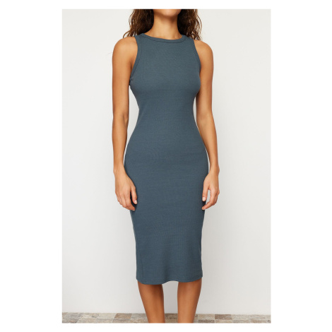 Trendyol Light Anthracite Corded Body-Fitted Crew Neck Flexible Midi Knitted Pencil Dress