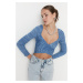 Trendyol Blue Crop Premium Yarn / Special Yarn Sweetheart Knitwear Sweater