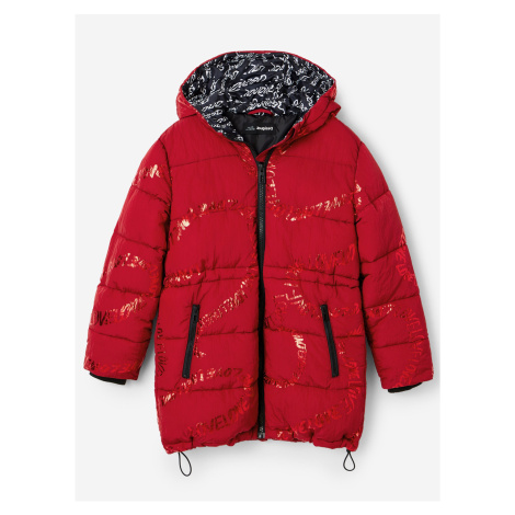 Červený dievčenský zimný prešívaný kabát Desigual Letters