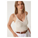 Happiness İstanbul Women's Cream Openwork Strappy Crop Knitwear Blouse