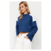 Trendyol Indigo Thick Fleece Interior Color Block Comfort Cut Crop Knitted Sweatshirt