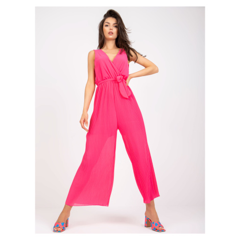 Pink long pleated jumpsuit with wide legs