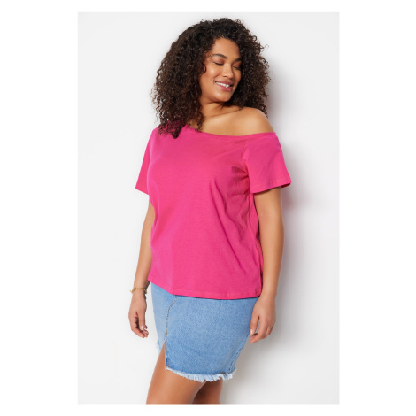 Trendyol Curve Fuchsia Drop Shoulder Detailed 100% Cotton Knitted Blouse