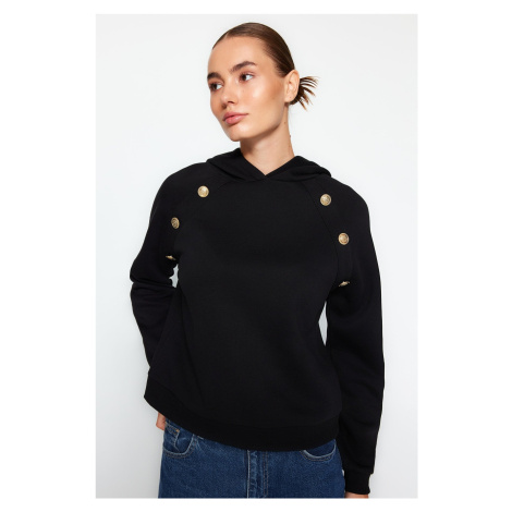 Trendyol Black Hoodie with Button Detail, Regular Fit, Fleece Inside Knitted Sweatshirt