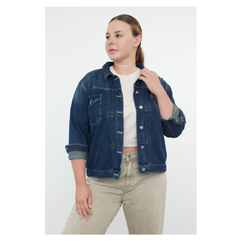 Trendyol Curve Dark Blue Heart Detailed Plus Size Denim Jacket