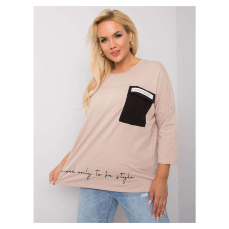 Beige oversize blouse with a slogan and pocket