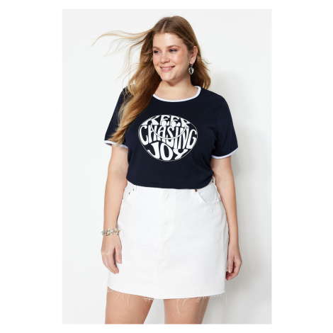 Trendyol Curve Navy Blue Printed Crop 100% Cotton Knitted T-shirt