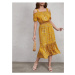 armonika Women's Mustard Checkered Floral Patterned Strapless Elastic Waist Dress