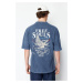 Trendyol Indigo Oversize/Wide Cut Faded Effect Eagle Printed 100% Cotton T-Shirt