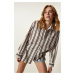 Happiness İstanbul Women's Cream Brown Striped Oversize Knitted Shirt