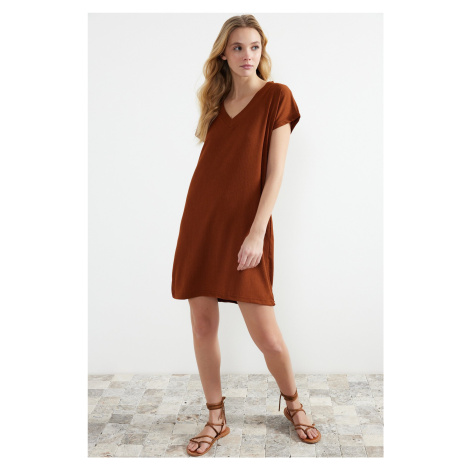 Trendyol Tile Crepe/Textured V-Neck Shift/Plain Knitted Mini Dress