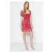 Trendyol Red Printed Square Collar Balloon Sleeves Knitted Mini Dress with Tulle Liner, Fitted