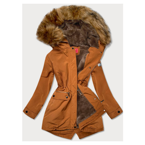 Dámska zimná bunda "parka" v karamelovej farbe s kožušinovou podšívkou (M21312) hnedá