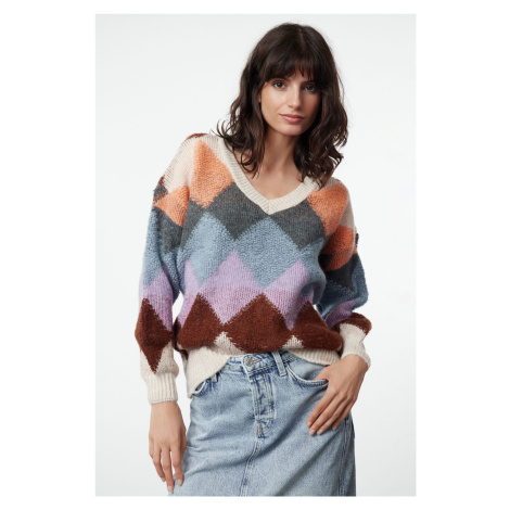 Trendyol Stone Soft Texture Wide Pattern Color Block V Neck Knitwear Sweater