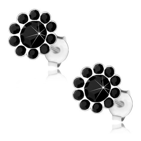 Puzetové náušnice, striebro 925, kvet z Preciosa krištálikov čiernej farby